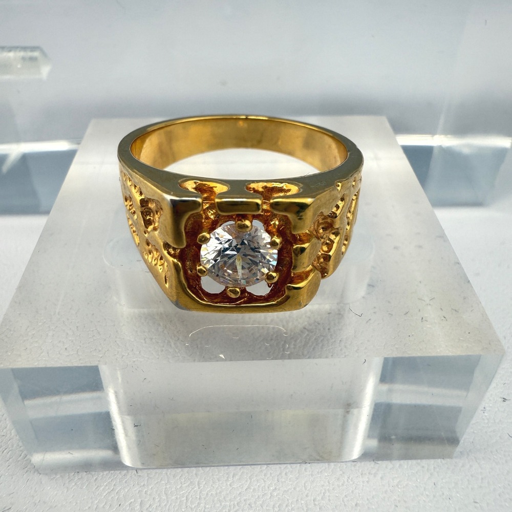 Chunky Vintage Gold Tone Men's Statement Ring‎ with Clear Glass Stone Size 11.75 - Picture 5 of 12